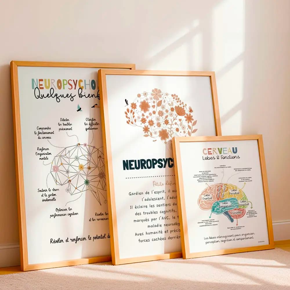 Neuropsychologue Trois cadres posés contre un mur contenant des affiches de neuropsychologue
