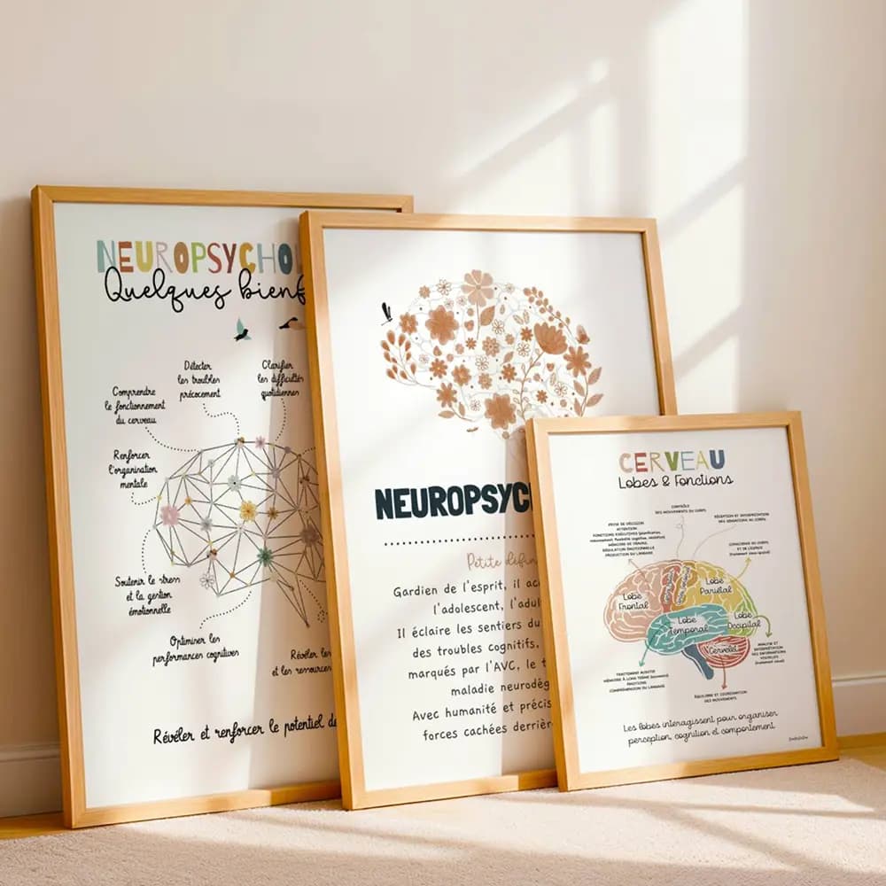 Neuropsychologue Trois cadres posés contre un mur contenant des affiches de neuropsychologue