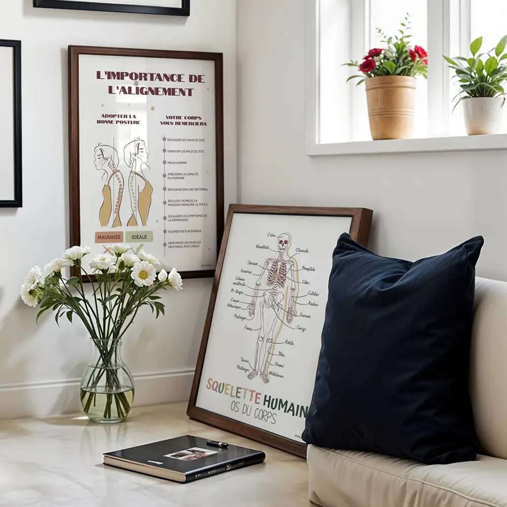Ostéopathe Illustrations de l'alignement du corps et du schéma d'un squelette en grand format encadrées et posées dans le cabinet d'un ostéopathe