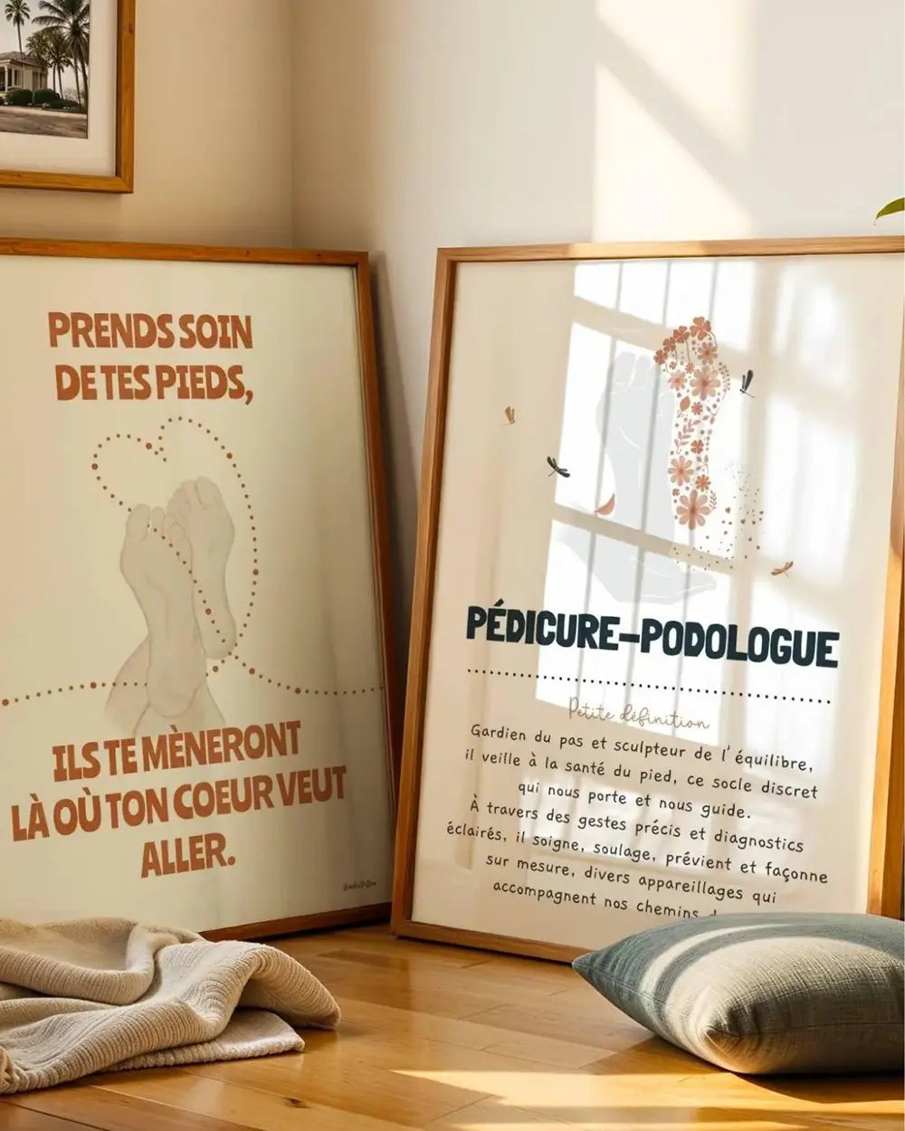 Pedicure podologue Deux illustrations encadrées et posées sur un banc contenant une citation et l'autre une définition du métier de pedicure podologue