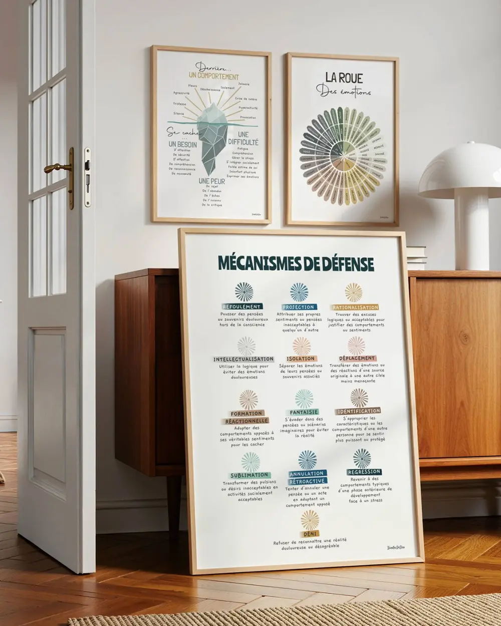 Psychologue Deux grandes affiches encadrées et posées au sol dans un bureau de psychologue
