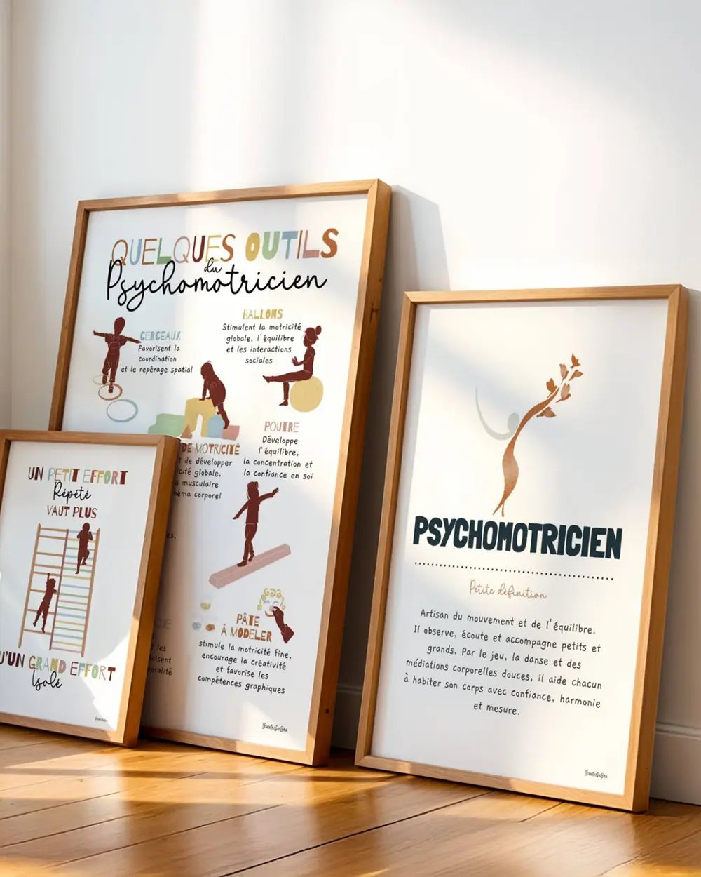 Psychomotricien Photo d'une très grande affiche encadrée du métier de Psychomotricien posée contre un bureau