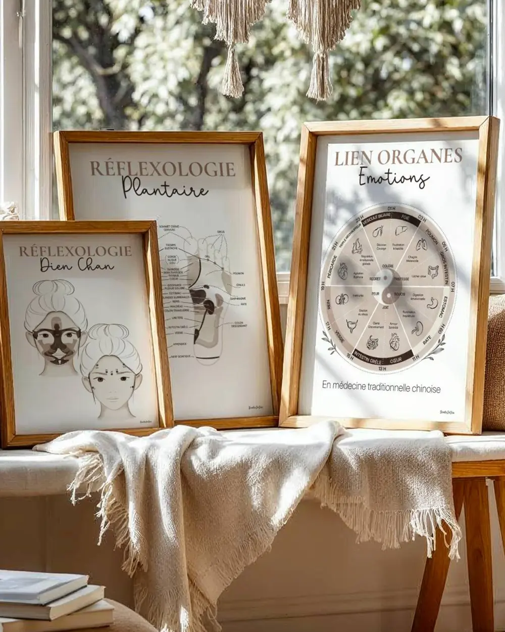 Réflexologue Trois affiches de réflexologie encadrées au bord d'une fenêtre