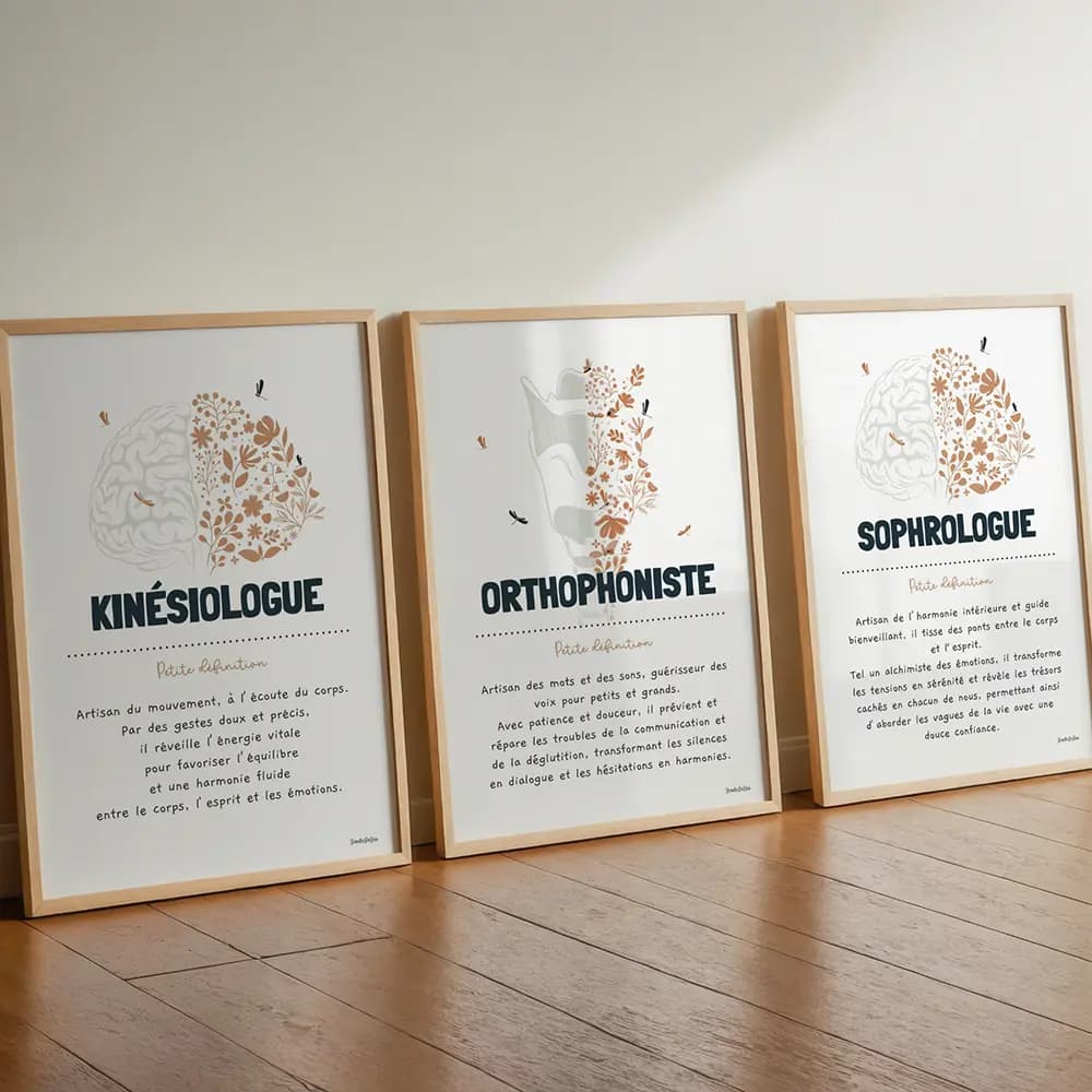 Definitions Trois grandes illustrations de définitions de métiers du bien être encadrées et posées au sol contre le mur