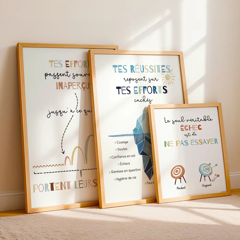 Motivation et réussite Trois grandes affiches d'illustration contenant des messages de motivation empilées contre un mur