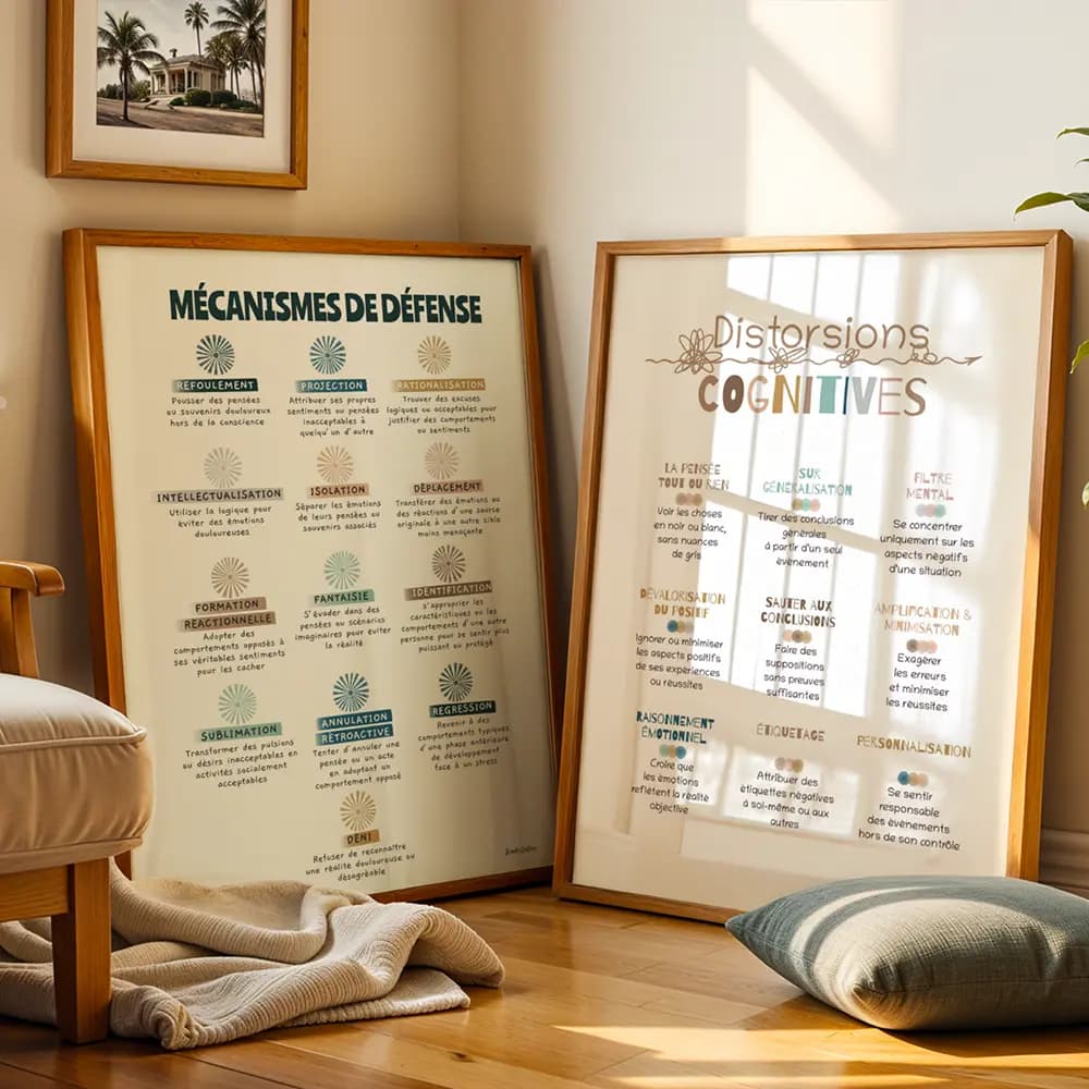 Psychologie et thérapie TCC Deux grands posters encadrés avec des contenus de psychologie posés dans un coin d'un cabinet de psychologue