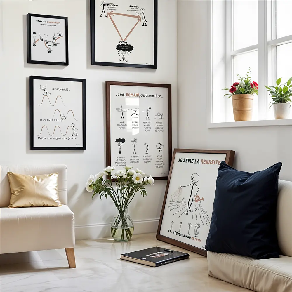 Trait d esprit ensemble de cinq illustrations contenant des bonhommes bâtons et des messages inspirant ou rigolos