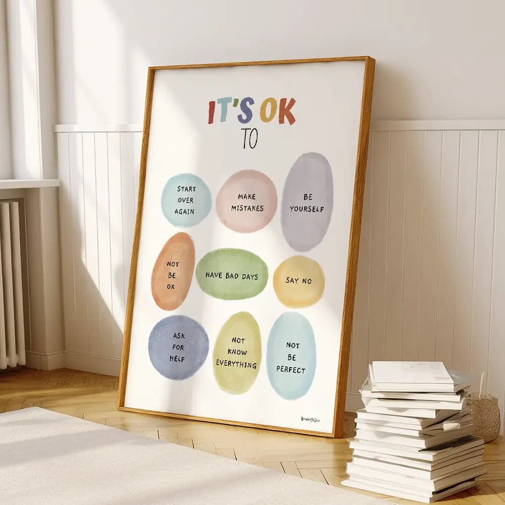 It's ok to Infographie en anglais composée de 6 ovales irréguliers dessinés au crayon avec une liste de messages