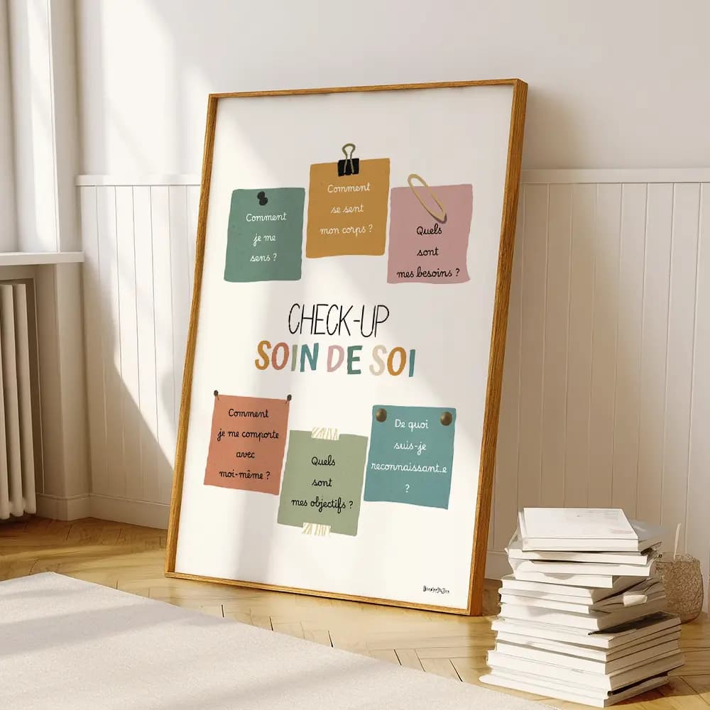 Check-up soin de soi Dessin de six post-it aux couleurs boho contenant chacun une question de santé mentale