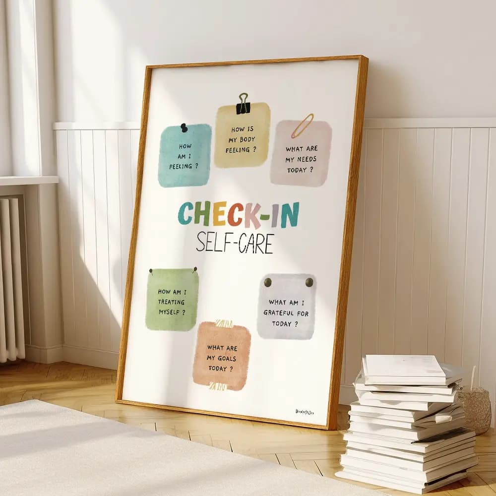 Check-in self-care Dessin de six post-it dessinés au crayon contenant chacun une question de santé mentale