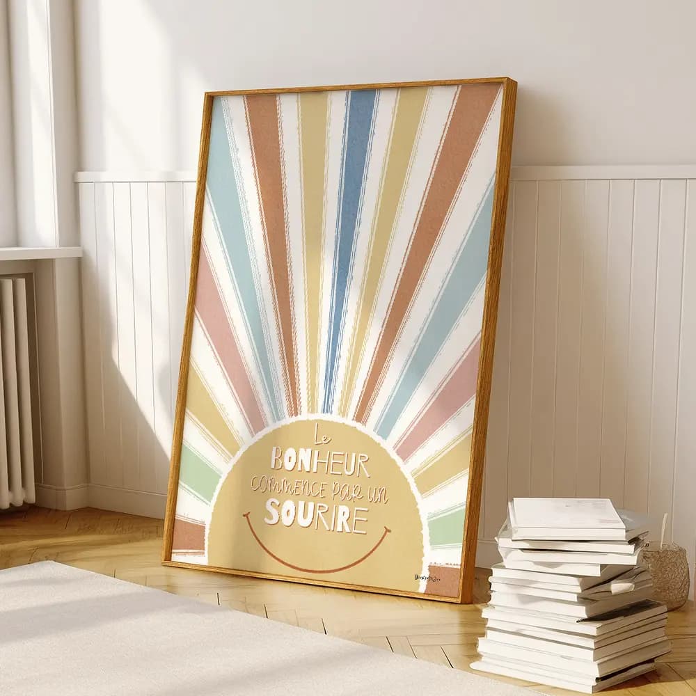 Dessin d'un soleil multicolore, ses rayons couvrent toute la page. "Le bonheur commence par un sourire" est écris au dessus d'un dessin de sourire