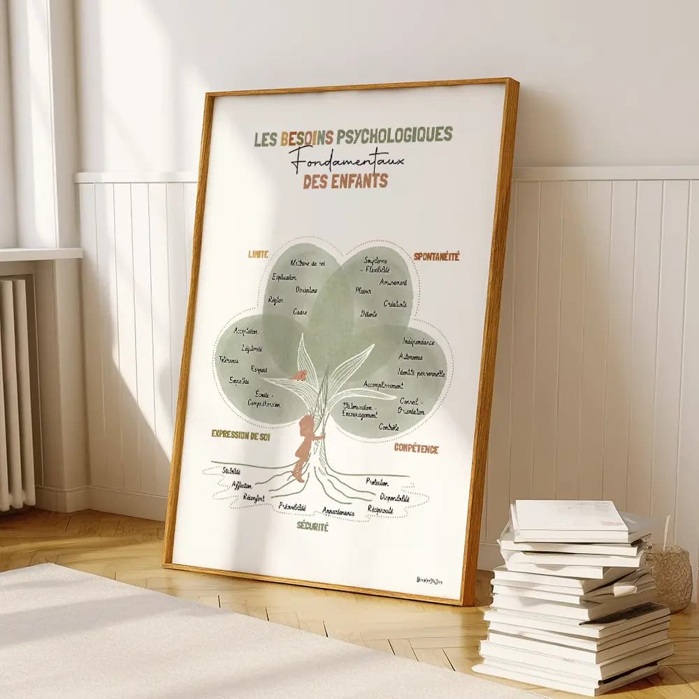 Les besoins psychologiques des enfants Dessin d'un arbre dont le tronc est entouré par une silhouette de fille l'arbre et remplis de textes de besoins d'enfants
