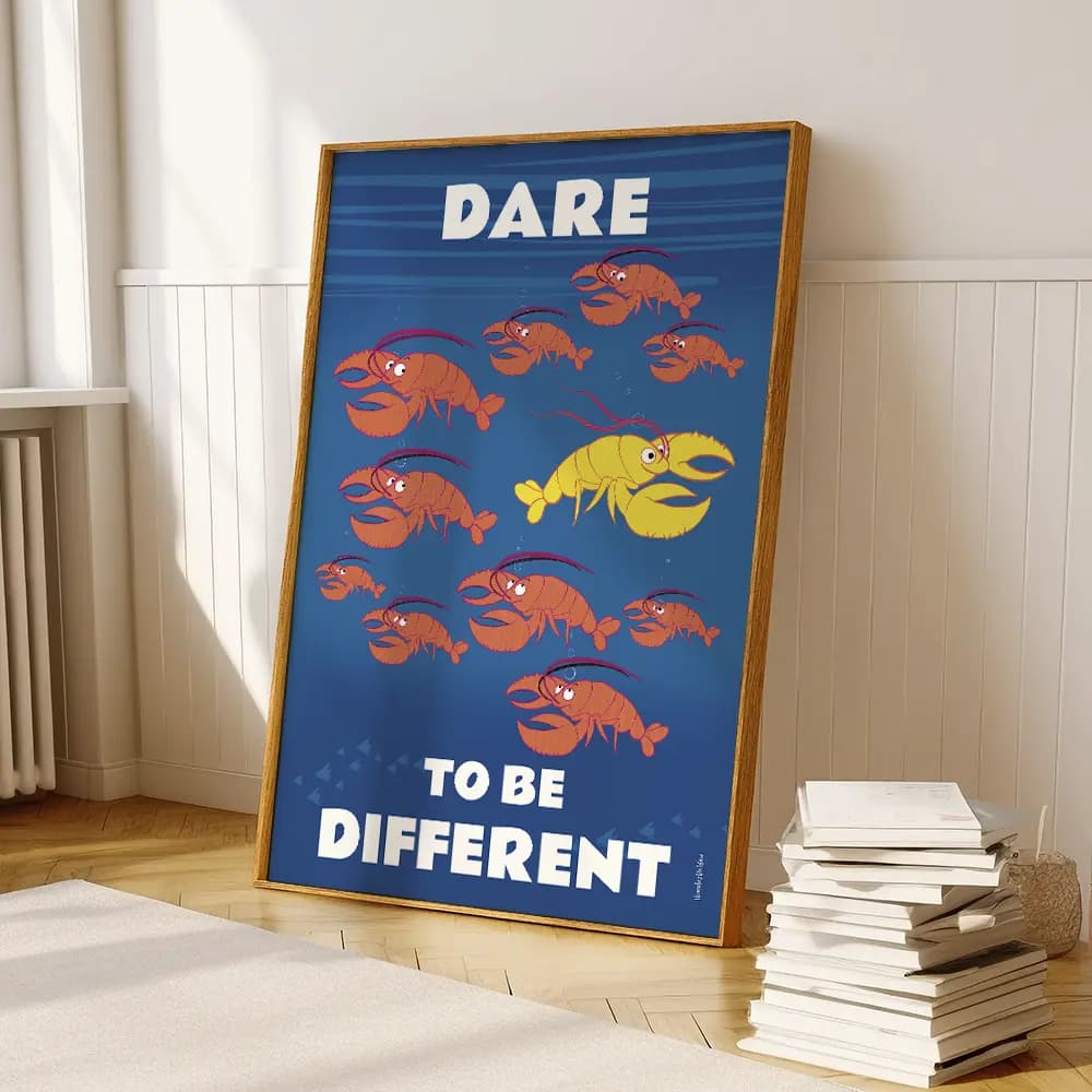 Homards oranges avançant ensemble, sauf un homard jaune au centre, pour symboliser l’idée d’oser être différent.