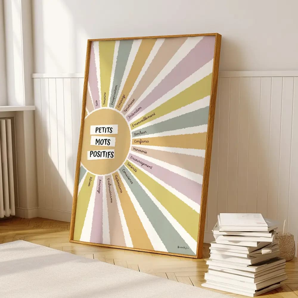 Dessin d'un soleil aux couleurs aquarelle dont chaque rayon coloré contient un mot positif.