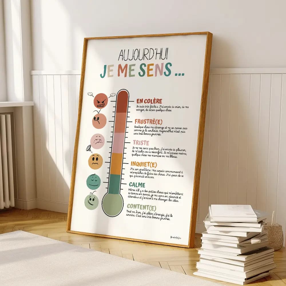 Thermomètre aux couleurs boho ; chaque graduation avec un smiley indique un degré d’émotion.