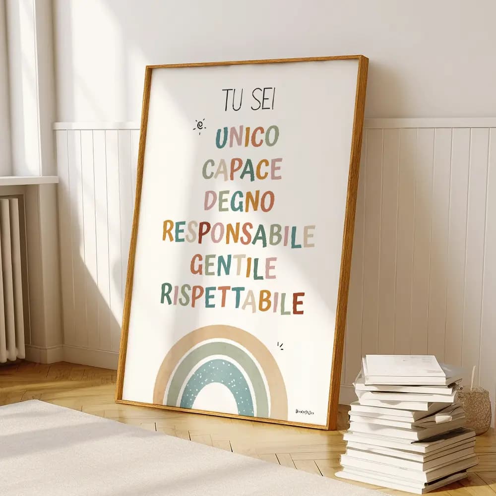 Tu sei Affiche composé de texte coloré et d'un arc en ciel qui énumère des affirmations positive pour enfants