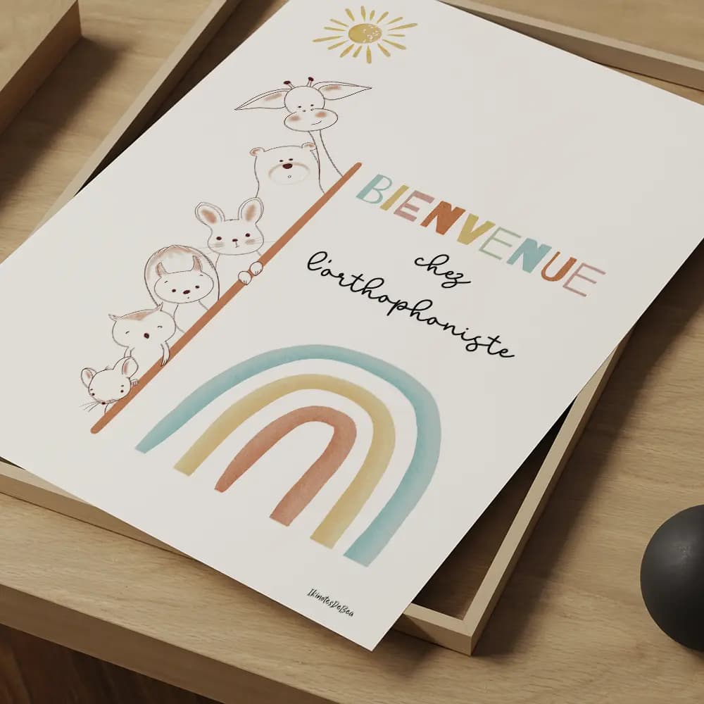 Bienvenue chez l'orthophoniste Dessin de six petits animaux regardant avec intérêt derrière la porte de l'orthophoniste