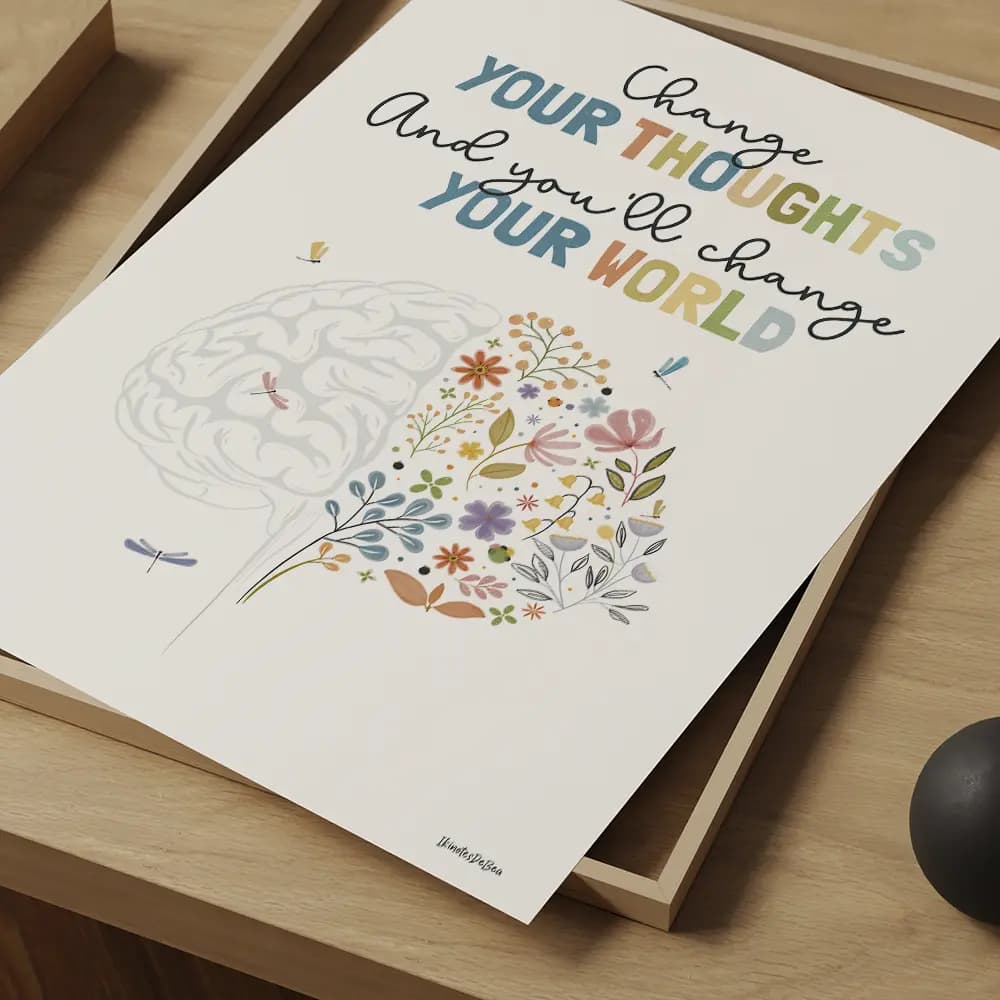 Change your thoughts and you'll change your world Illustration d'un cerveau floral, ornée de fleurs et de libellules en anglais