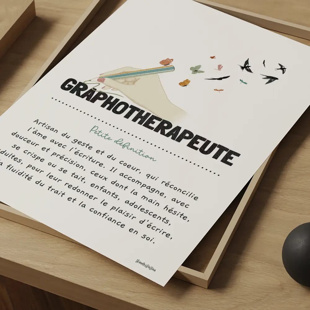 Définition graphothérapeute Dessin d'une main en couleur qui tient un stylo qui se termine en envolée d'oiseau pour définir le métier de graphothérapeute