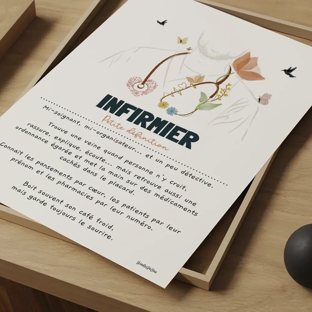 Illustration colorée montrant un infirmier entouré d’un stéthoscope fleuri, de papillons et une définition poétique du métier