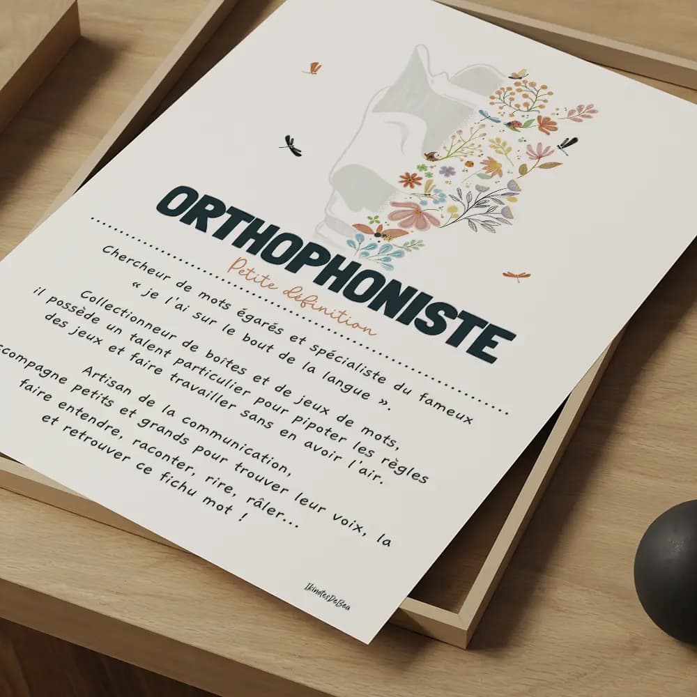 Dessin d'un larynx dont la moitié droite est composée de fleurs colorées avec la définition de l'orthophoniste.
