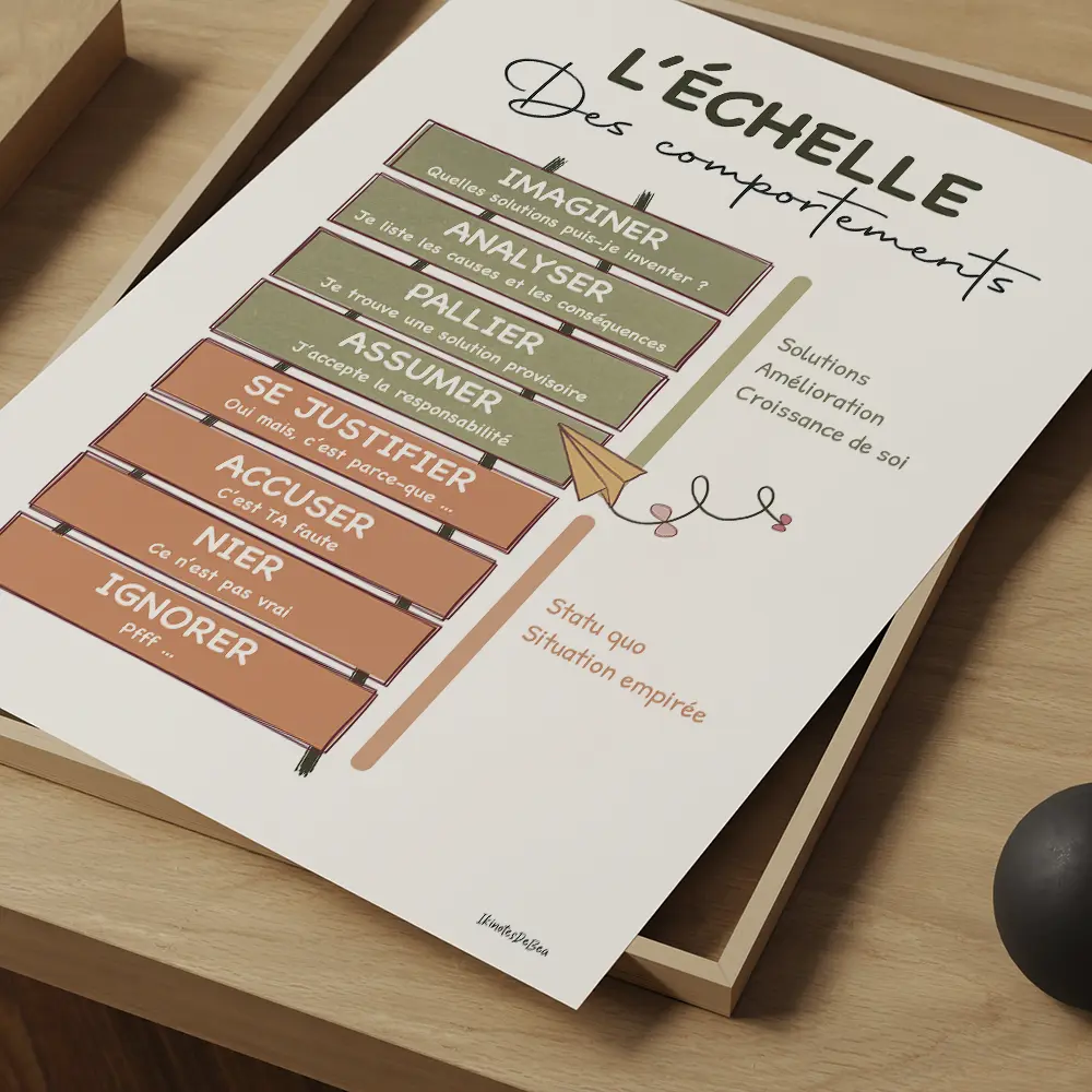 L' échelle des comportements Dessin d'une échelle formée de pancartes contenant chacune un comportement écris en blanc positif ou négatif
