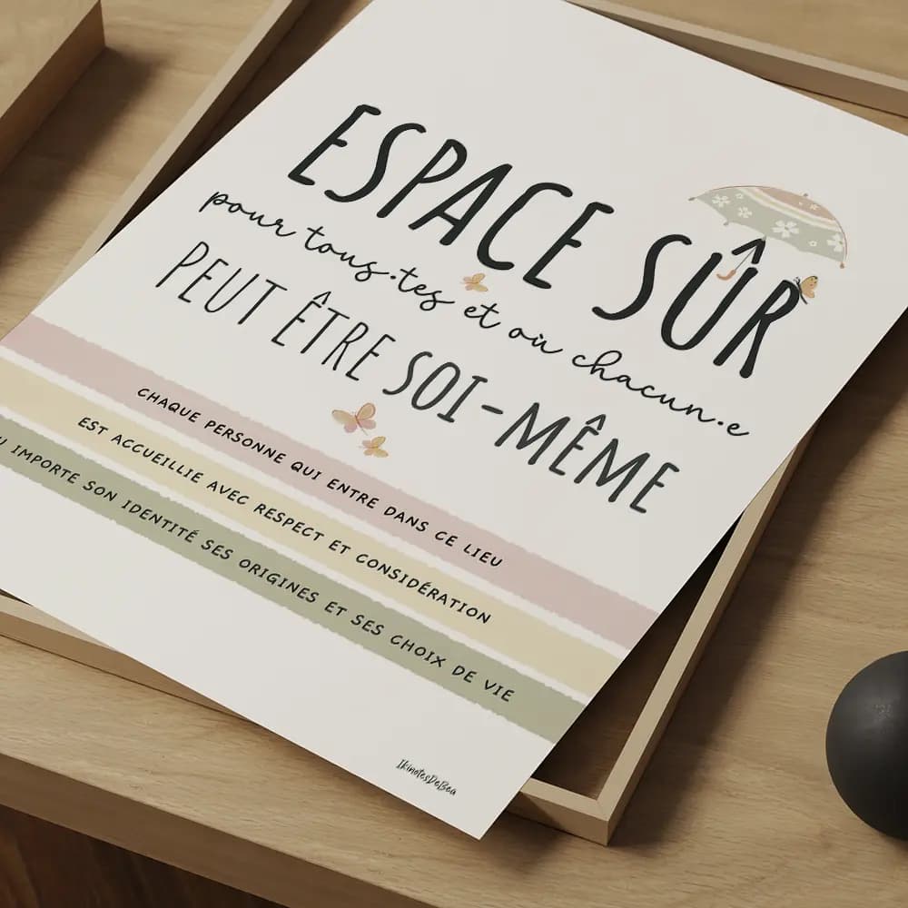 Espace sûr pour tous et toutes Dessin d'un message indiquant un espace sûr protégé par un parapluie