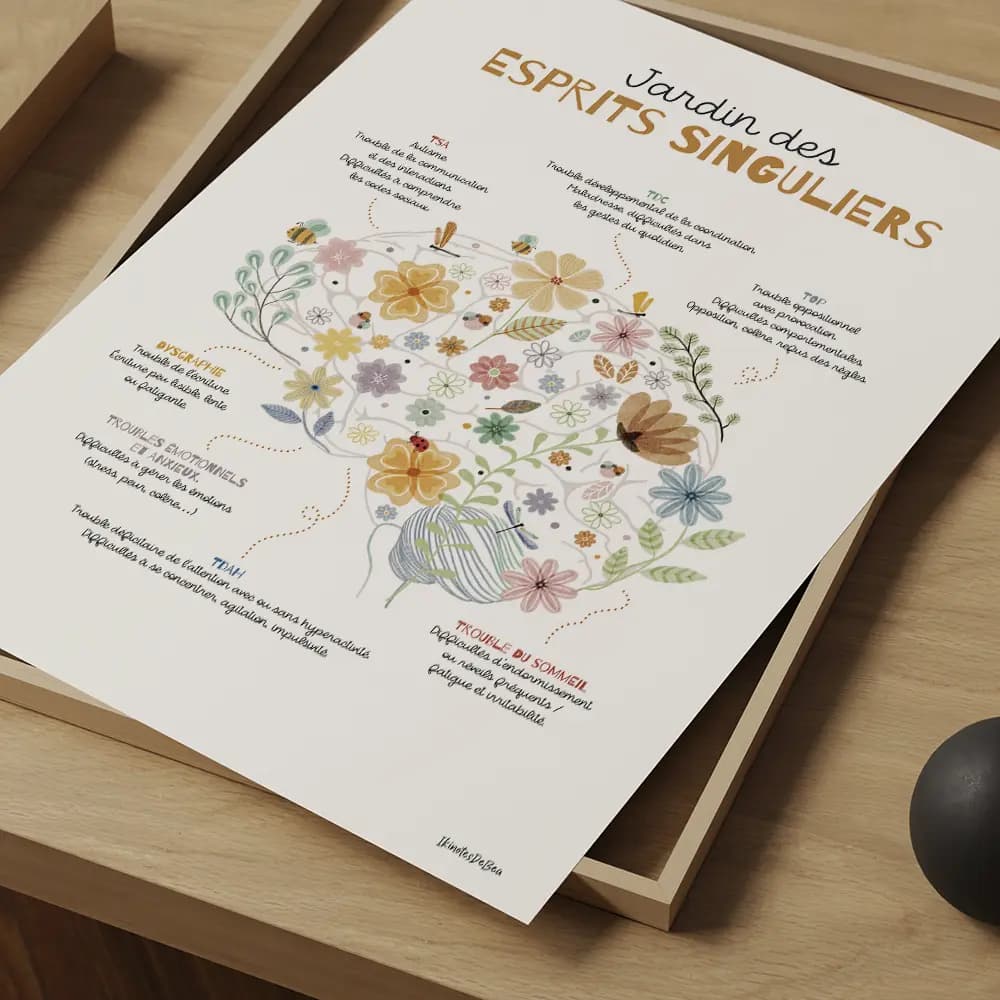 Jardin des esprits singuliers Affiche illustrée d'un cerveau fleuri qui décrit différents trouble DYS (Troubles du langage et des apprentissages)