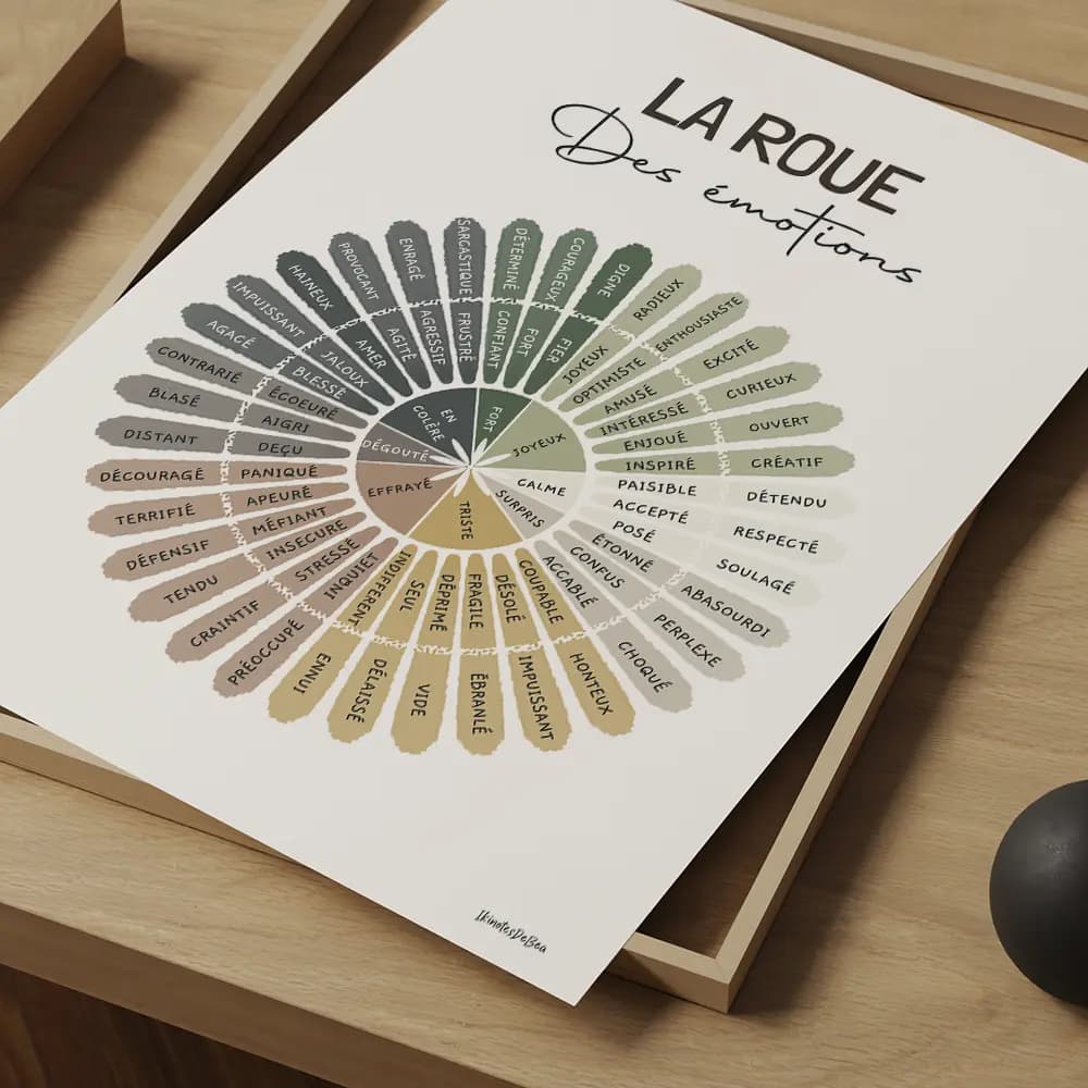La roue des émotions Roue des émotions en dégradé de couleurs avec des sentiments allant de la colère et peur à la joie, calme et surprise.