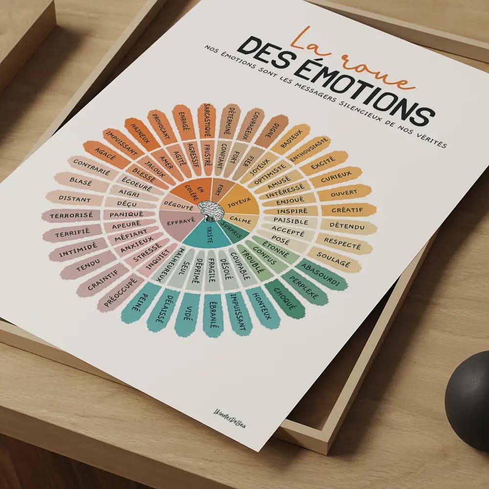 Roue des émotions en dégradé de couleurs avec des sentiments allant de la colère et peur à la joie, calme et surprise.