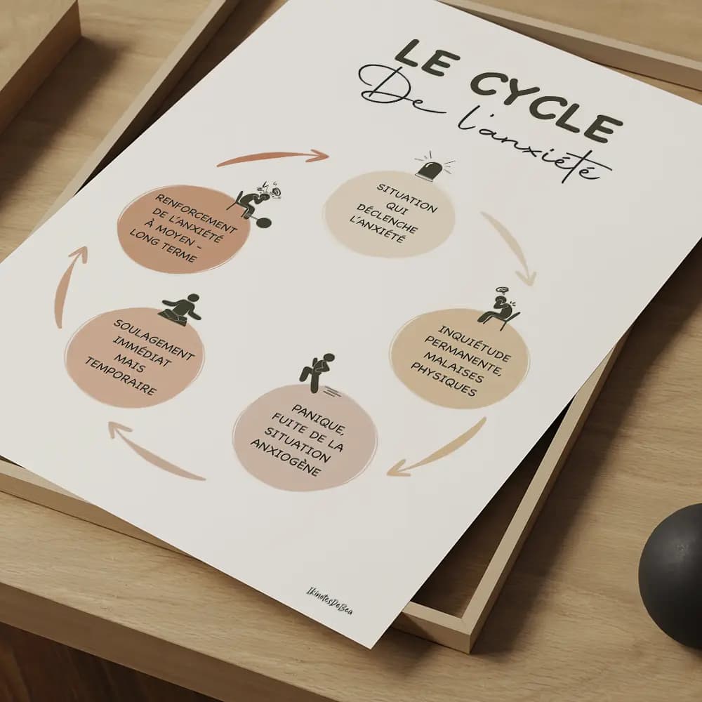 Le cycle de l'anxiété Dessin en cinq étapes du cycle de l'anxiété, chaque étape est définie dans un cercle contenant du texte et un petit pictogramme