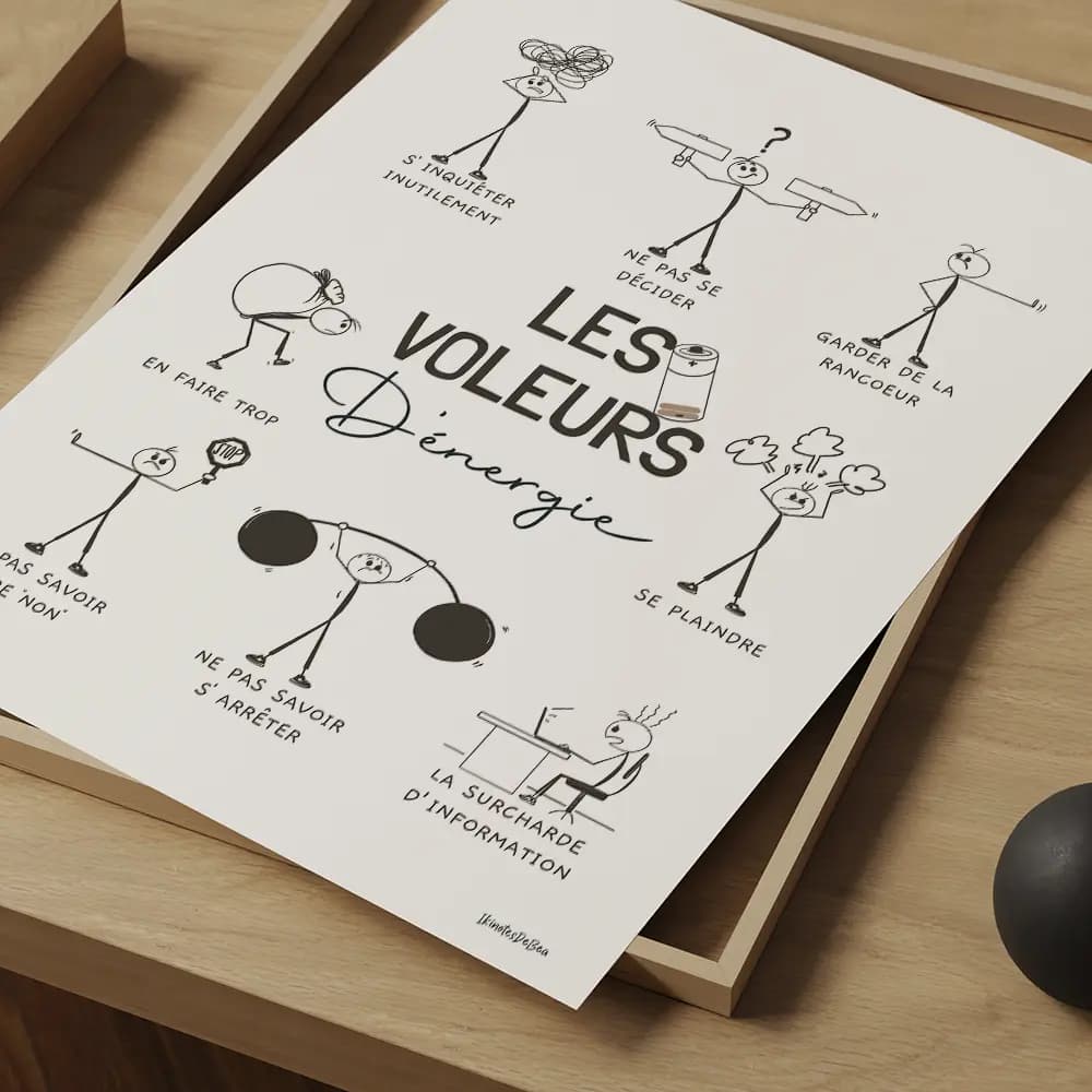 Les voleurs d'énergie Affiche composée de 8 dessins au trait noir de bonhommes bâton chacun illustrant une action voleuse d'énergie