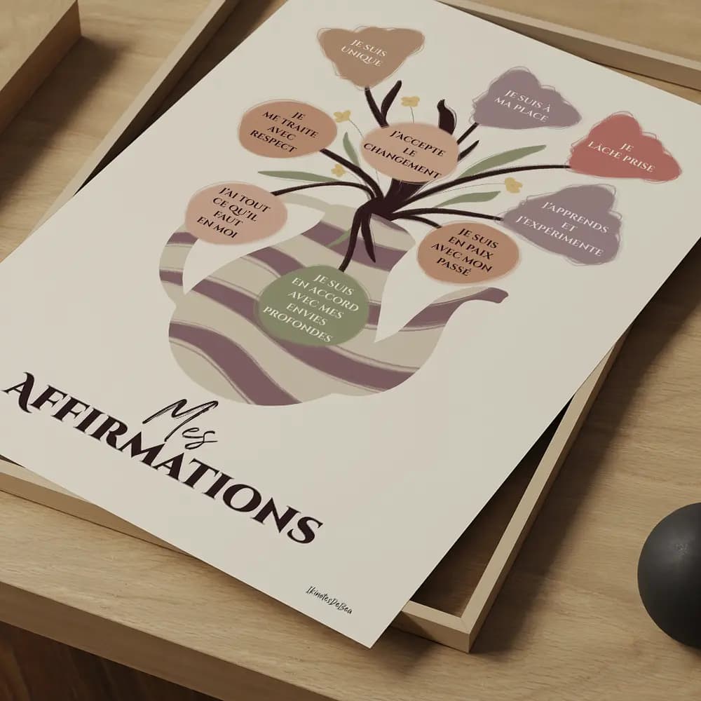 Affirmations positives Dessin d'un vase en forme de cruche provençale contenant un bouquet de fleurs dont chaque fleurs est une bulle contenant une affirmation positive