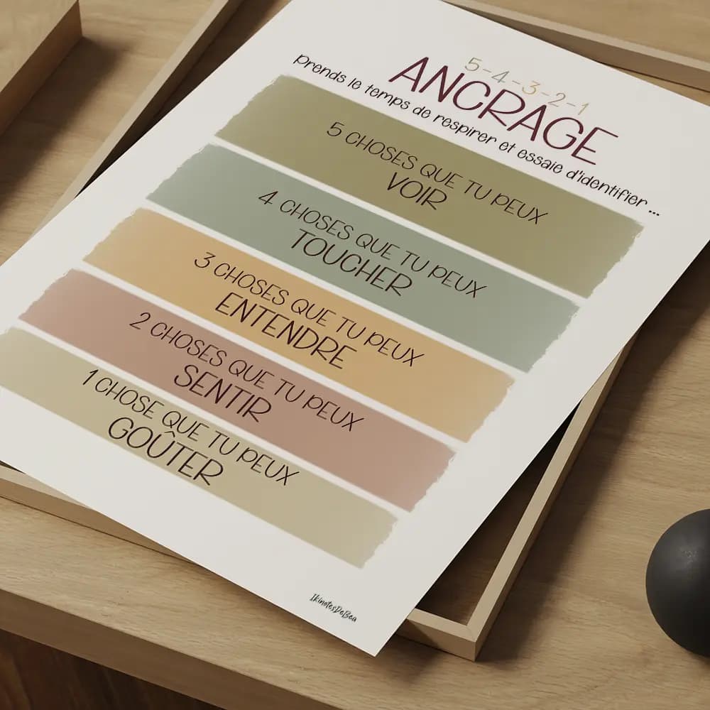 Illustration en dégradé de couleurs pastel qui détaille en cinq points la méthode d'ancrage "5,4,3,2,1"