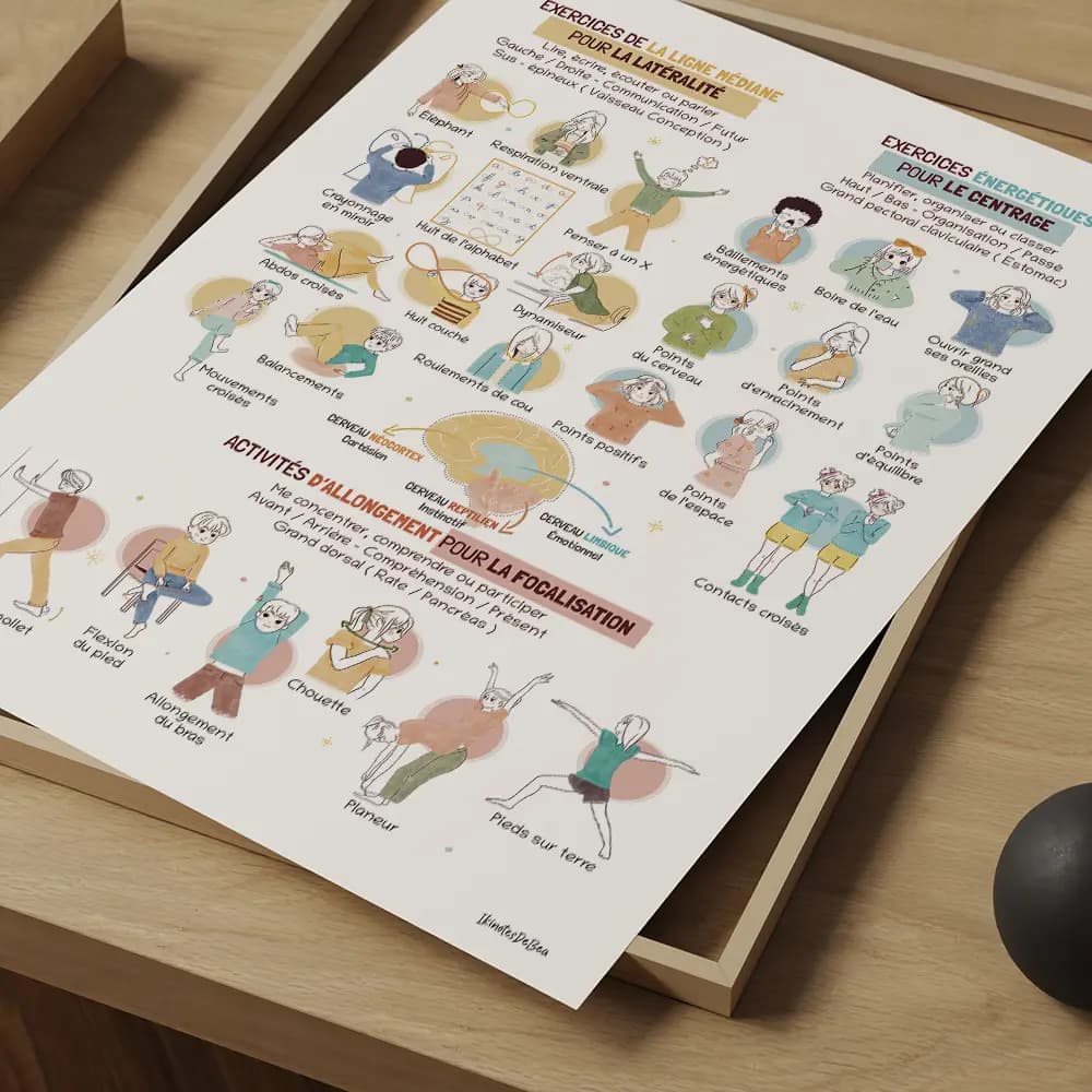 Mouvements d’ancrage Poster dessiné à la main regroupant les 26 mouvements d'ancrages de Kinésiologie