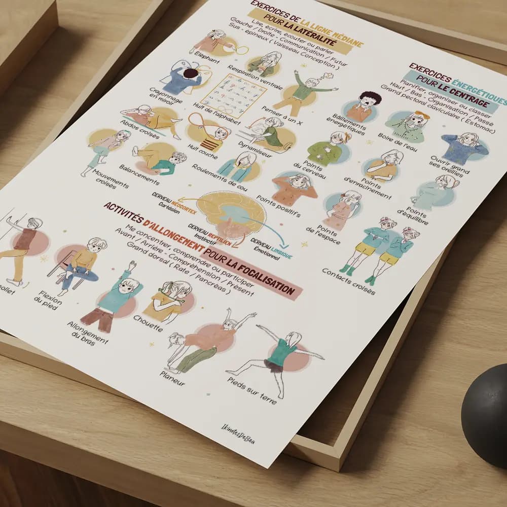 Poster dessiné à la main regroupant les 26 mouvements d'ancrages de Kinésiologie