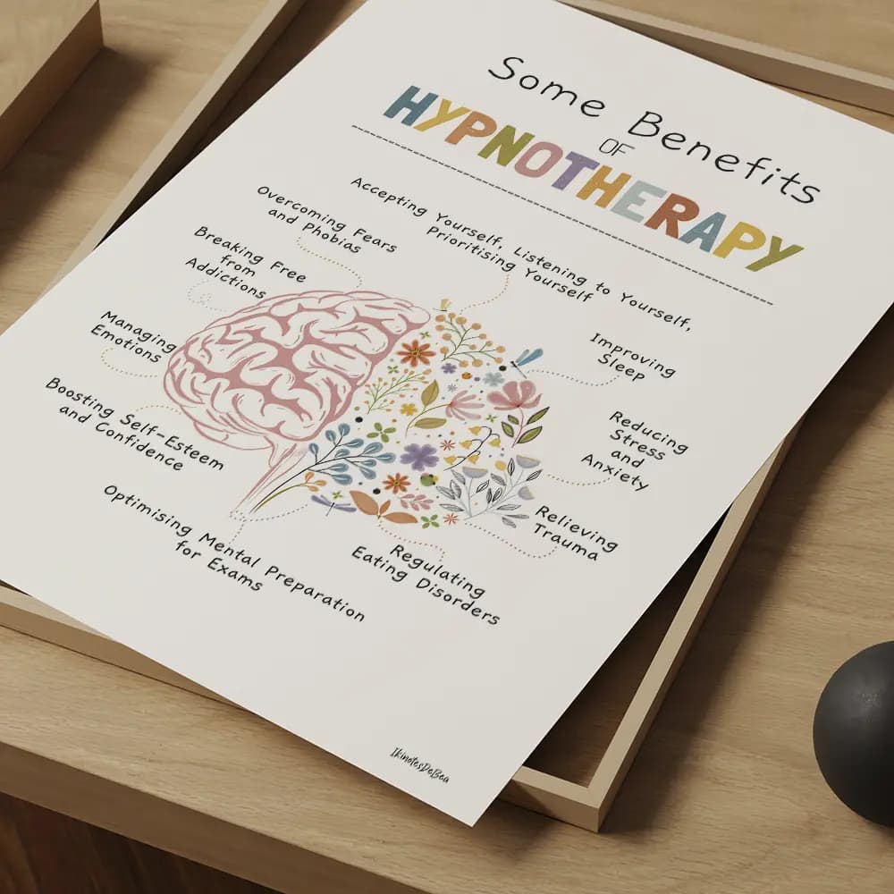 Dessin d'un cerveau dont la moitié est composé de fleurs avec une liste de bienfaits de l'hypnothérapie