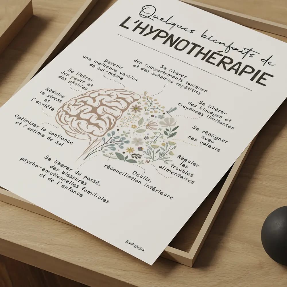 Quelques bienfaits de l'hypnothérapie Dessin d'un cerveau dont la moitié est composé de fleurs avec une liste de bienfaits de l'hypnothérapie