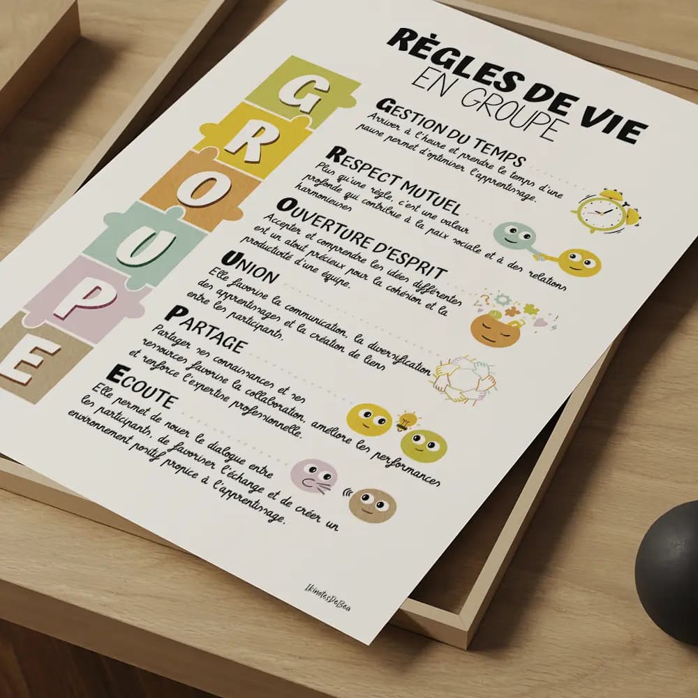 Règles de vie en groupe Infographie : les lettres du mot “GROUPE” en pièces de puzzle, chacune avec un petit dessin ludique.