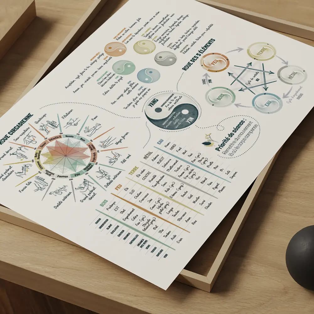 Illustration horizontale montrant les cinq éléments, la roue circadienne, le tableau des éléments et un symbole yin‑yang.