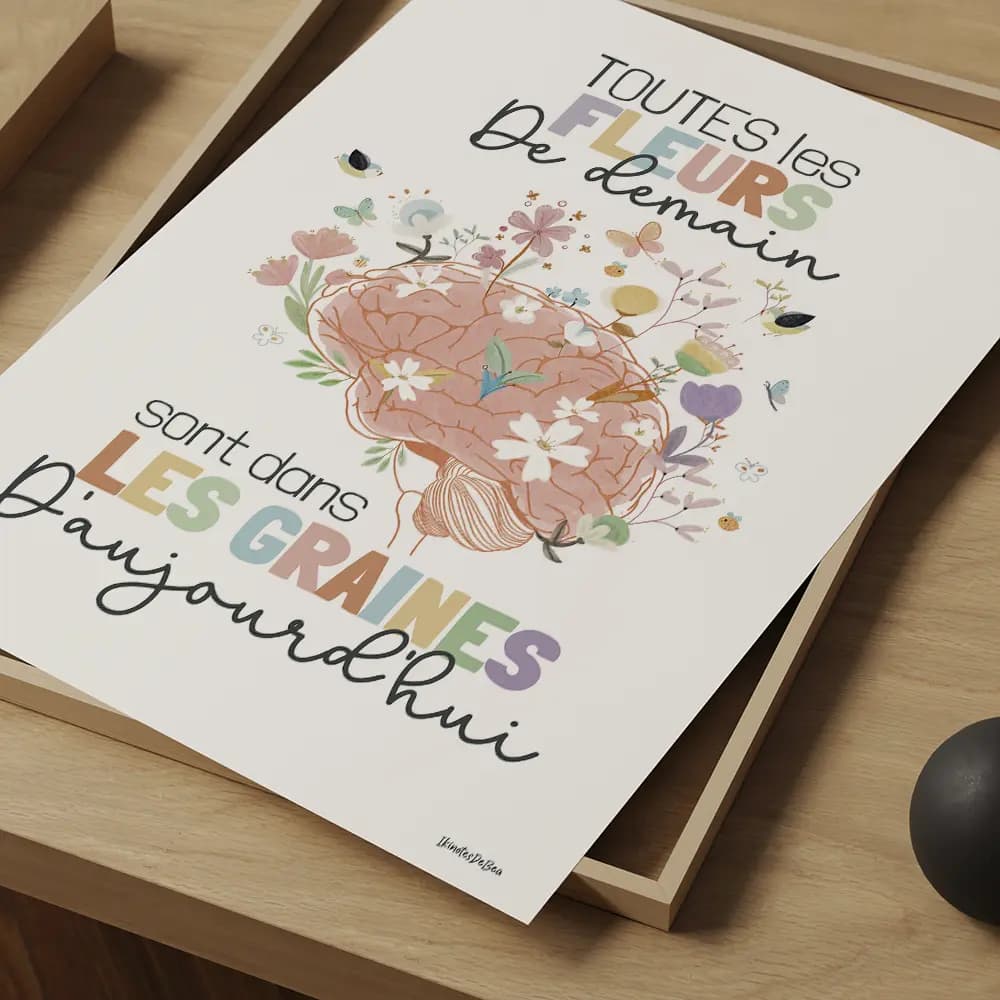Toutes les fleurs de demain sont dans les graines d'aujourd'hui Dessin d'un cerveau fleuri accompagné d'une citation
