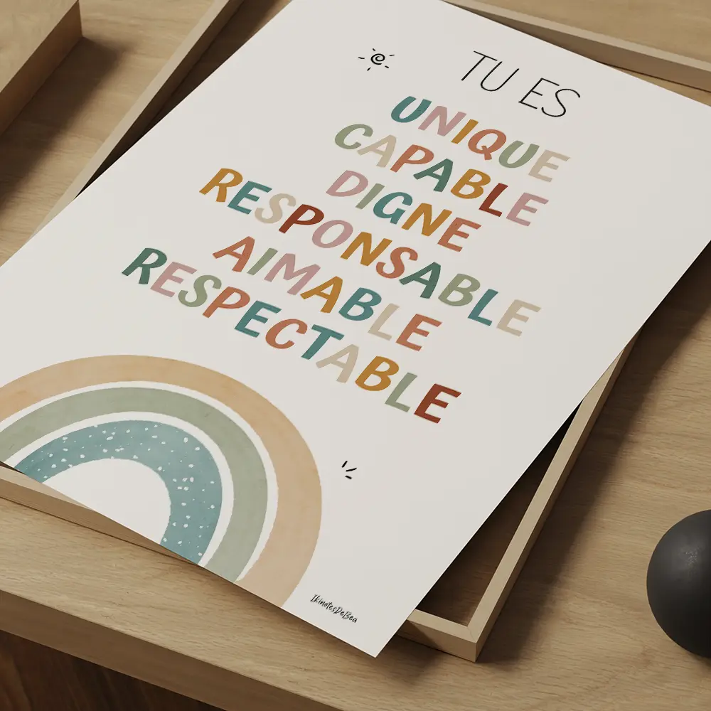 Tu es Affiche composé de texte coloré aux couleurs boho qui énumère des affirmations positive pour enfants
