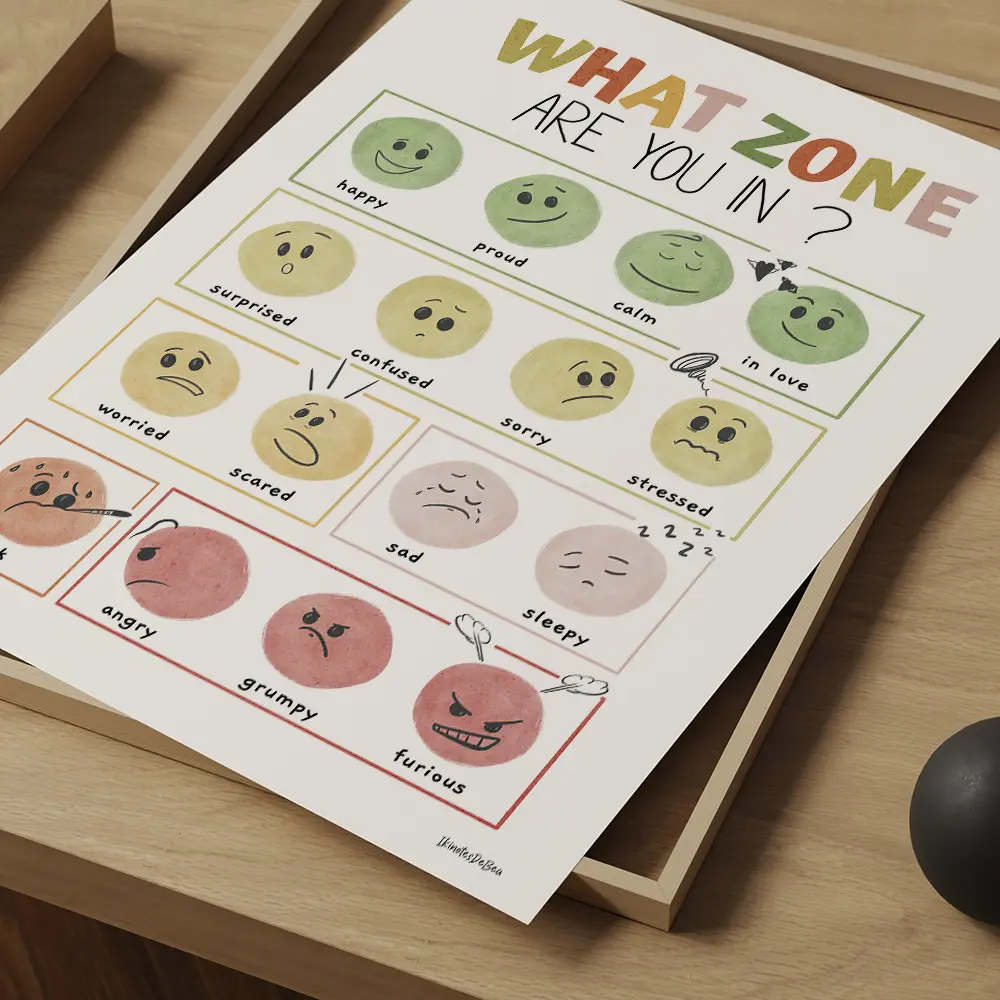 Dessin de 16 smileys colorés exprimant différentes émotions