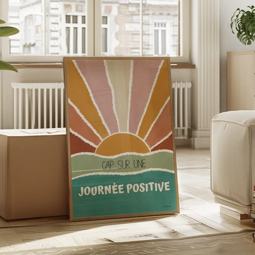 Cap sur une journée positive Dessin abstrait d'un couché de soleil dans les tons verts d'eau contenant des citations positives