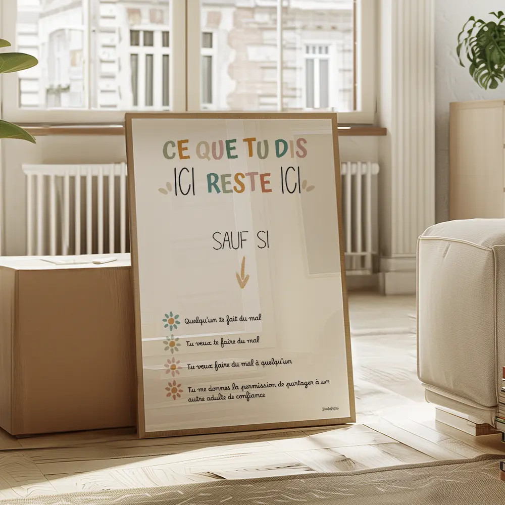 Ce que tu dis ici reste ici Affiche composée de texte coloré dont chaque point est listé par une petite fleur