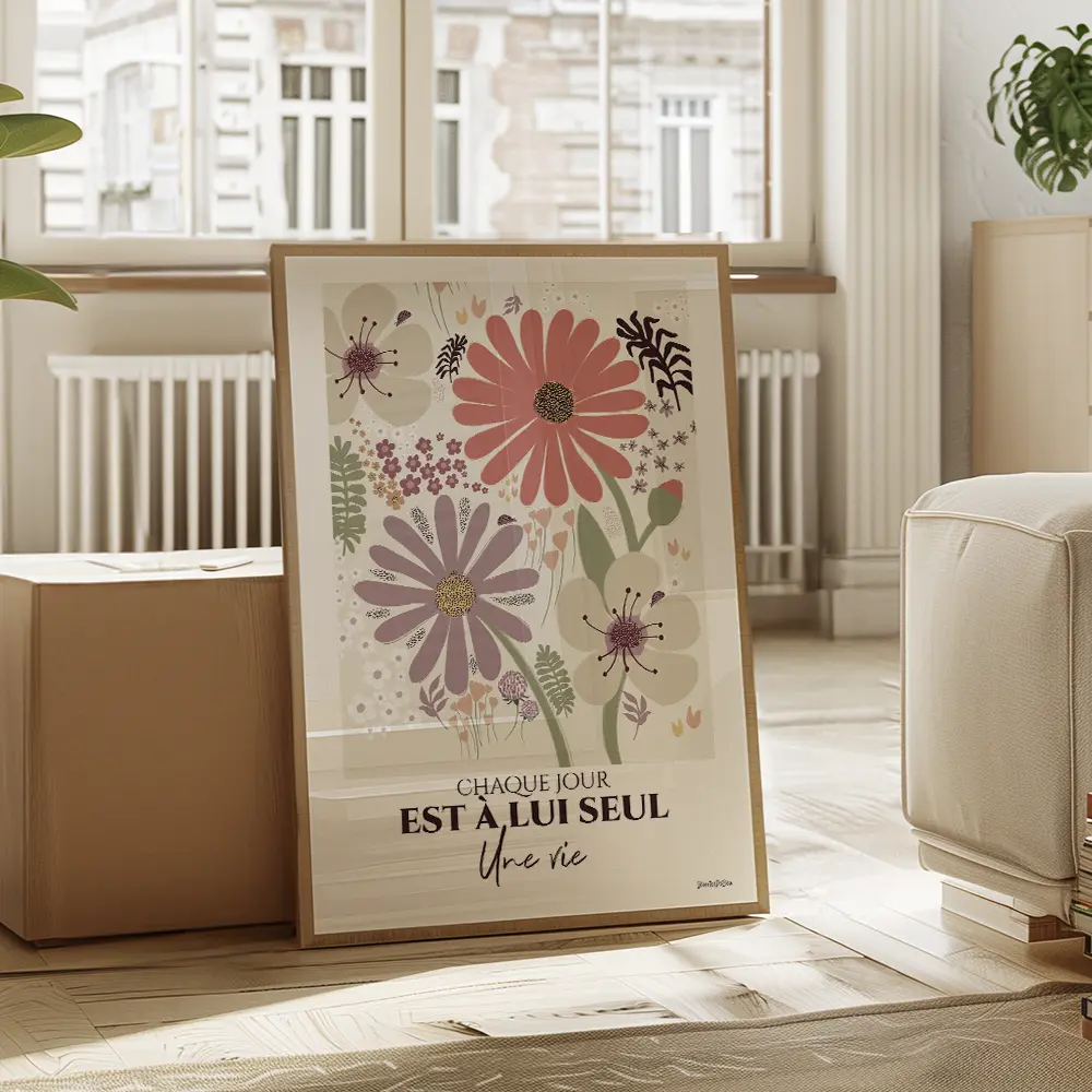 Chaque jour est à lui seul une vie Illustration dessinée à la main en couleurs pastel d'une multitude de fleurs et plantes de différentes taille et forme