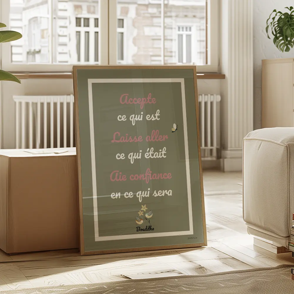 Texte simple d'une citation de Bouddha écrit en blanc et rose sur fond vert