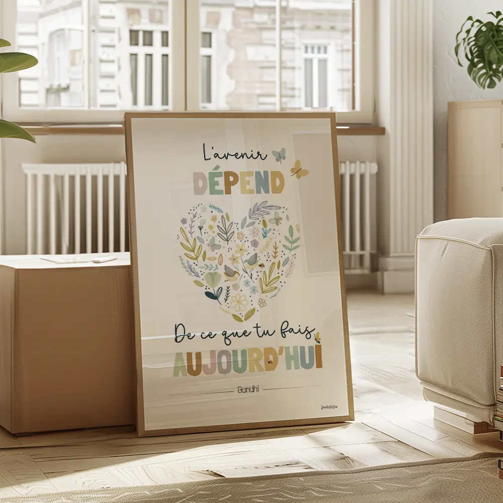 Citation Gandhi Illustration zen : cœur floral coloré entouré de papillons et fleurs, avec une citation de Gandhi sur l’instant présent.