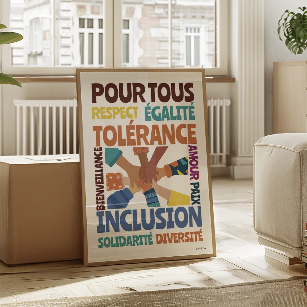 Typographie inclusive Dessin de 8 mains d'enfant posées l'une sur l'autre au centre entourées d'une liste de mots bienveillants de couleurs et taille différentes