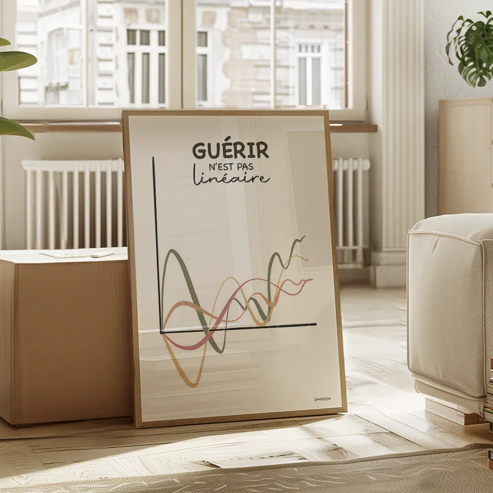 Guérir n'est pas linéaire Dessin de plusieurs courbes irrégulières aux couleurs sunshine dans un graph avec en légende le message "Guérir n'est pas linéaire"